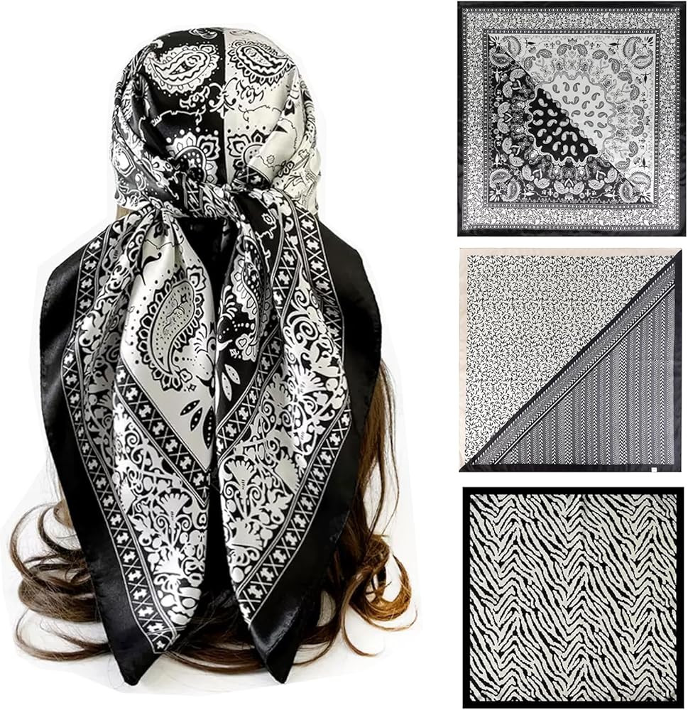 35’’ Large Head Scarf for Women,Paisley Hair Silk Scarves,Fashion Square Black Bandana Access... | Amazon (US)