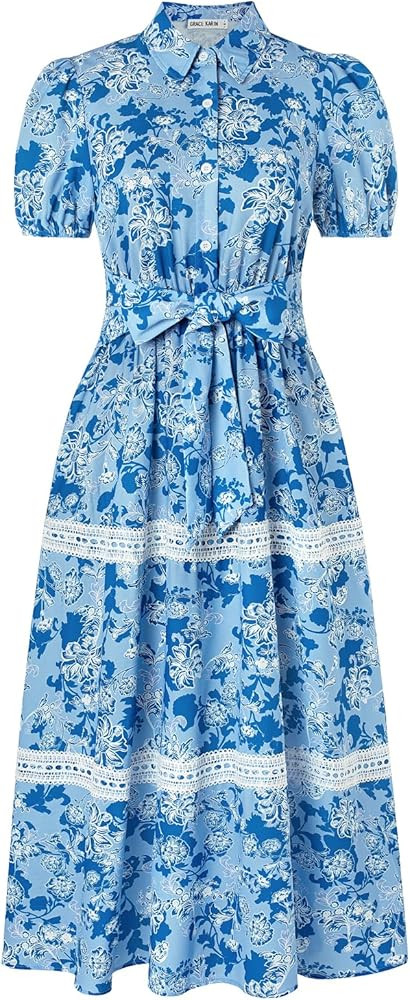 GRACE KARIN Women's 2026 Summer Floral Flowy Dresses Boho Tie Belt Short Puff Sleeve A Line Maxi ... | Amazon (US)
