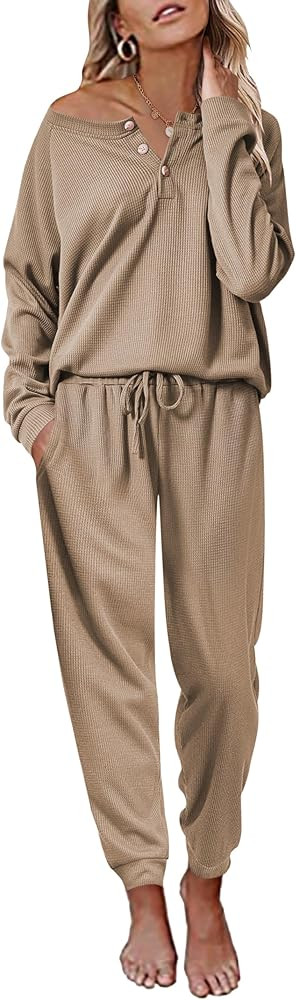 Ekouaer Pajamas Women's Waffle Knit Sleepwear Long Sleeve Top with Pants Casual Pjs Loungewear Se... | Amazon (US)