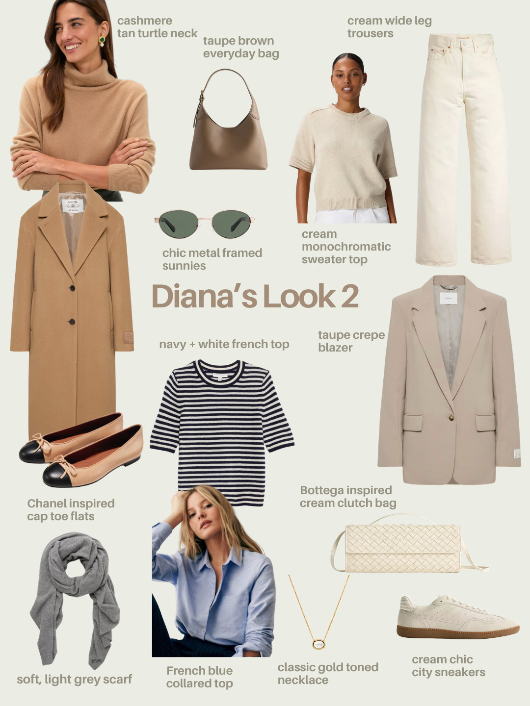 A second look featuring a mixture of tans, taupes and creams. Additionally included French girl essentials such as a navy and white top, grey scarf and a french blue collared top for an effortlessly chic look. 

 