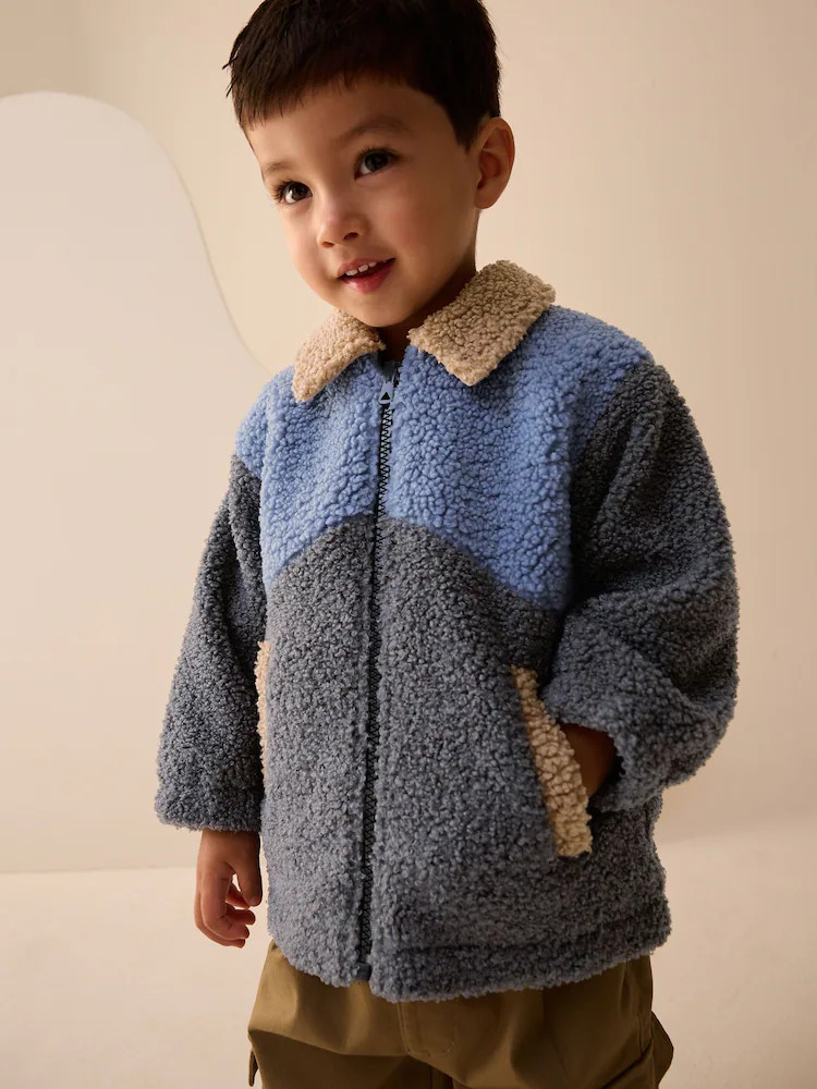 Charcoal/Blue/Tan Colorblock Borg Fleece Shacket (3mths-7yrs) | Next US