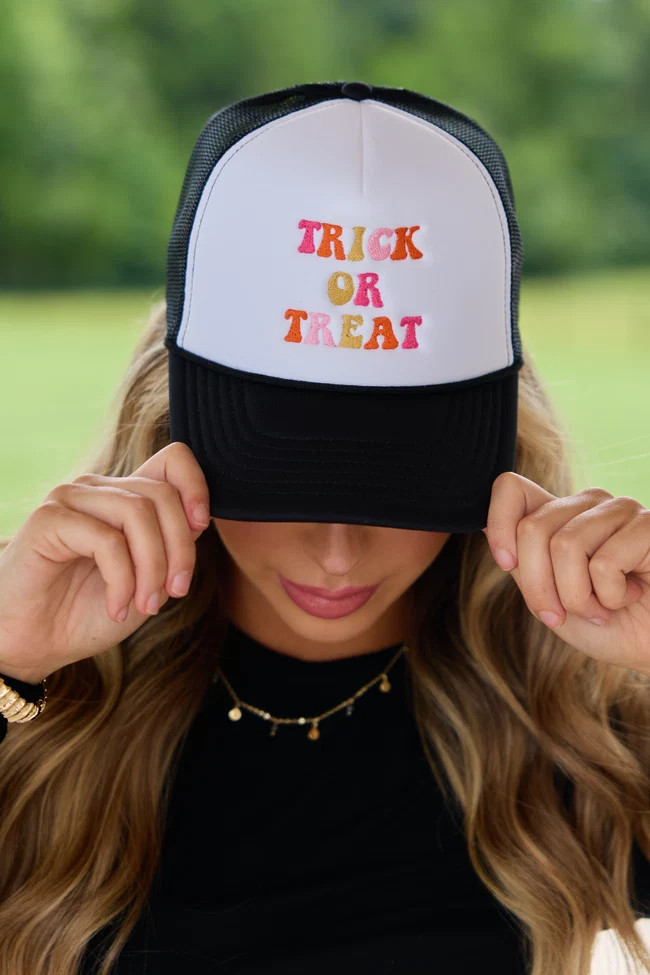 Trick Or Treat White/Black Embroidered Trucker Hat | Pink Lily