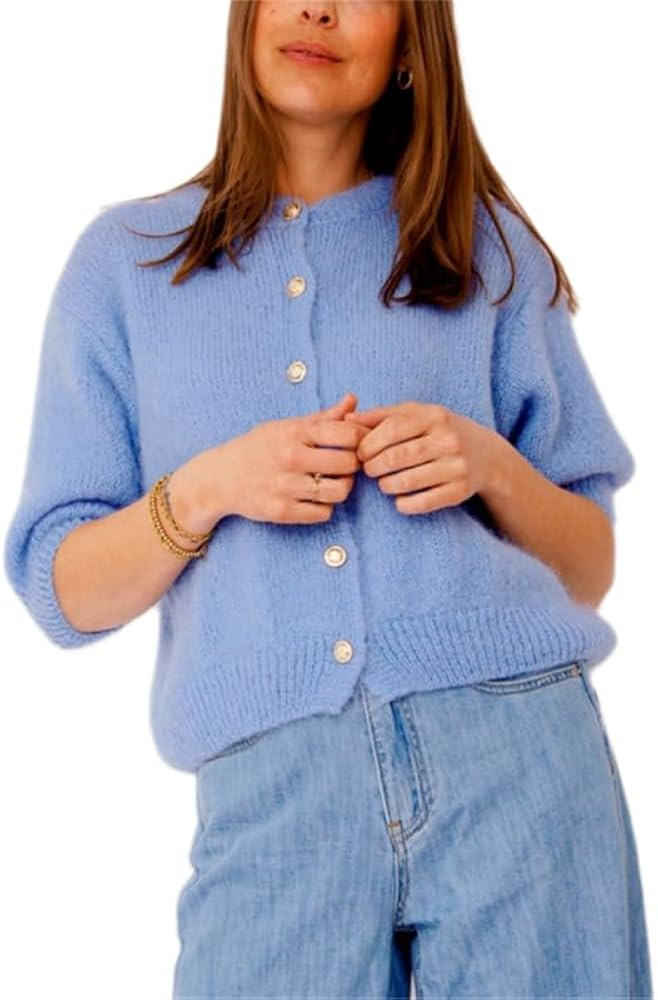 Women Knitted Crop Cardigan Shirt Short Sleeve Button Down Ribbed Knit Crop Top Y2k Girls Outwear... | Amazon (US)