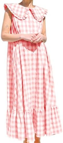 HOULENGS Women's Summer Plaid Sleeveless Maxi Dress Casual Ruffle Flowy A-Line Beach Gingham Long... | Amazon (US)