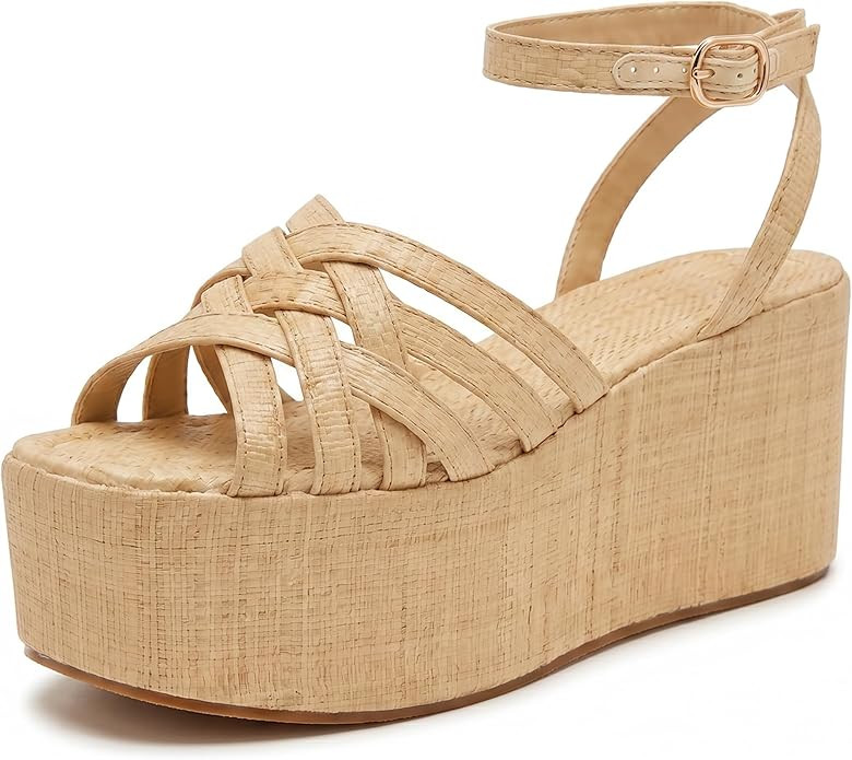 Women's Raffia Platform Wedge Sandals with Bow Knot, Ankle Strap, Open Toe Summer Vacation Shoes | Amazon (US)