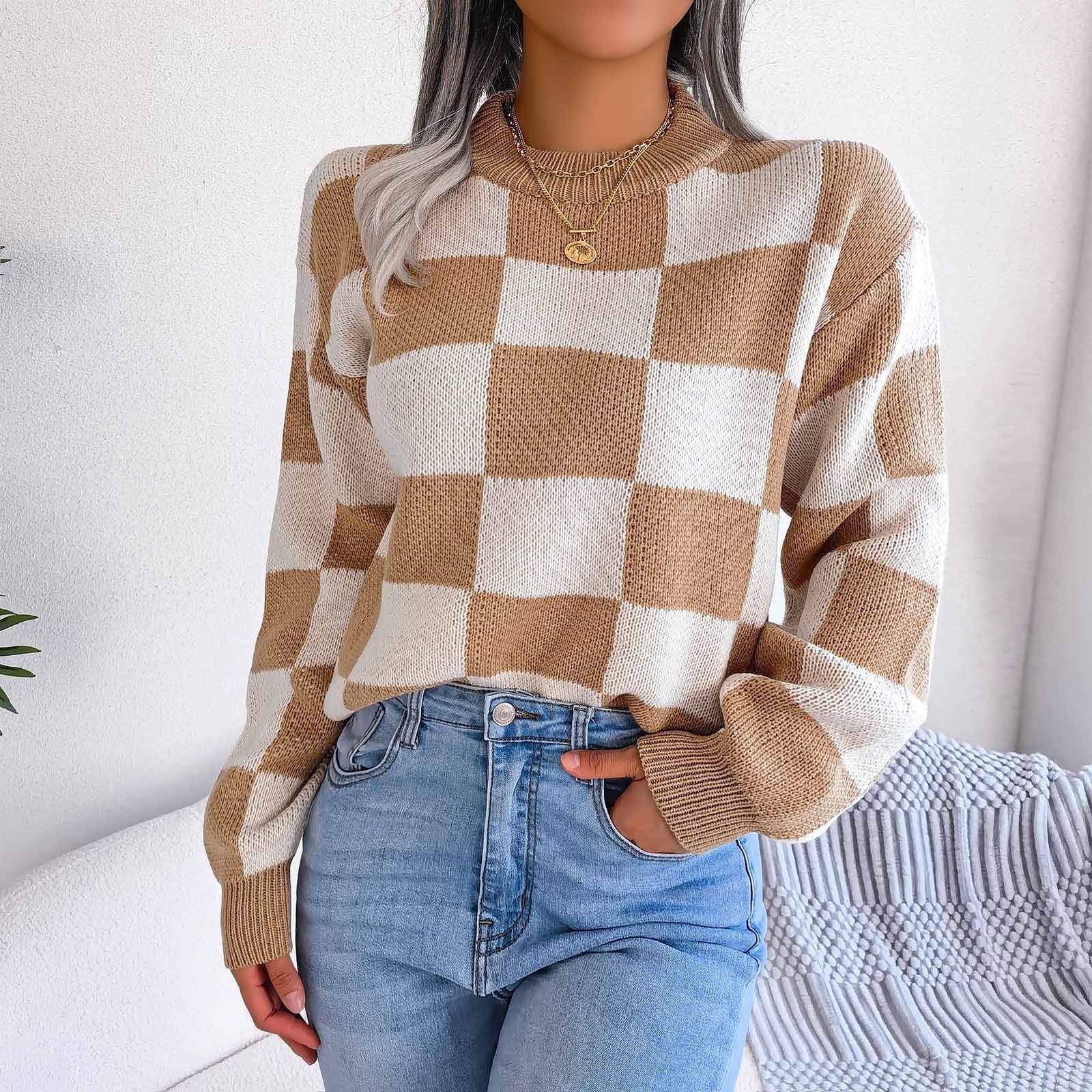 Lastesso Womens Plaid Color Block Tops Sweater Crew Neck Loose Fit Fashion Blouse Comfort Fall Cl... | Walmart (US)