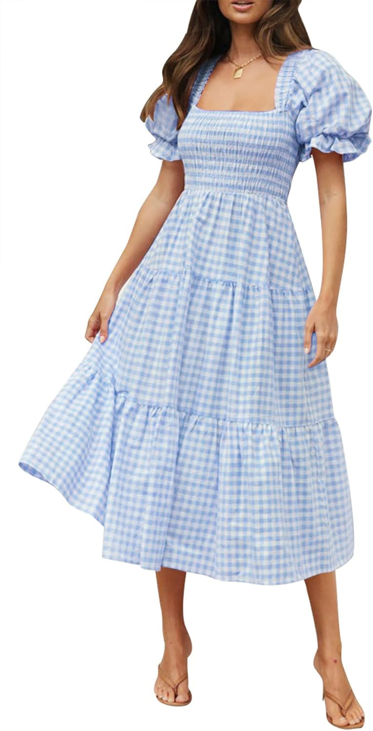 ZESICA Women's 2023 Bohemian Summer Plaid Square Neck Puff Sleeve Ruffle Flowy Beach Midi Dress | Amazon (US)