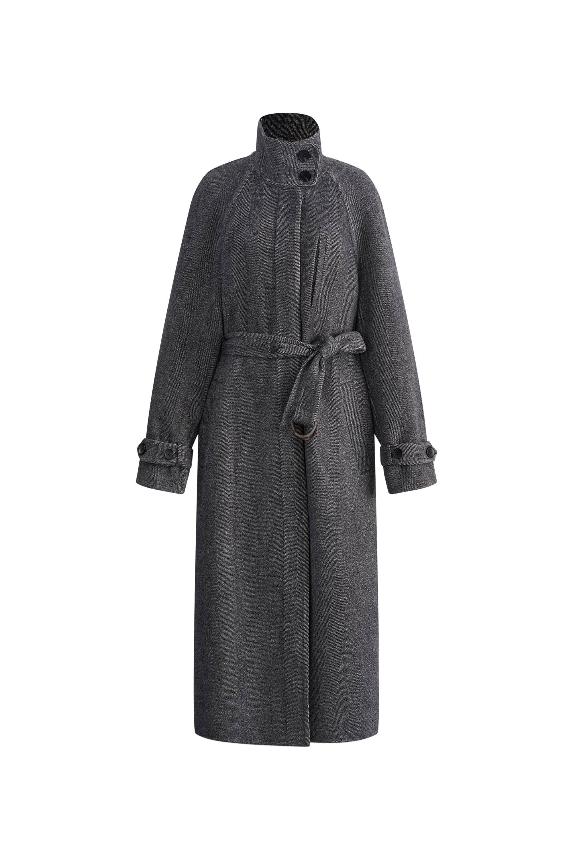 Edwina Grey Long Herringbone Coat in Lightweight Merino Wool | Fabrique