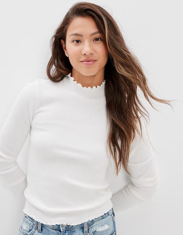 AE Long-Sleeve Soft & Sexy Plush Mock Neck Shirt | American Eagle Outfitters (US & CA)