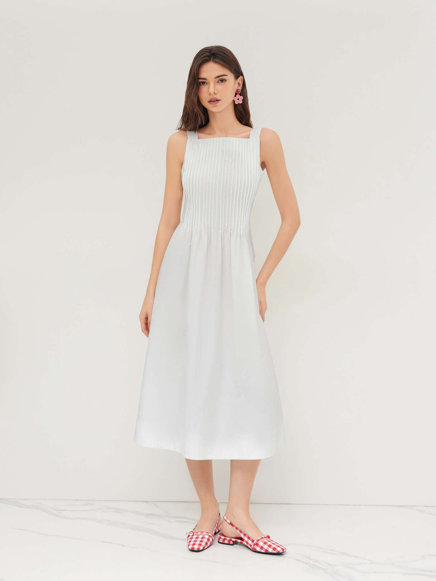 Woven 100% Cotton Square Neck Pleated Tie Back Bowknot Maxi Dress For School | Cider