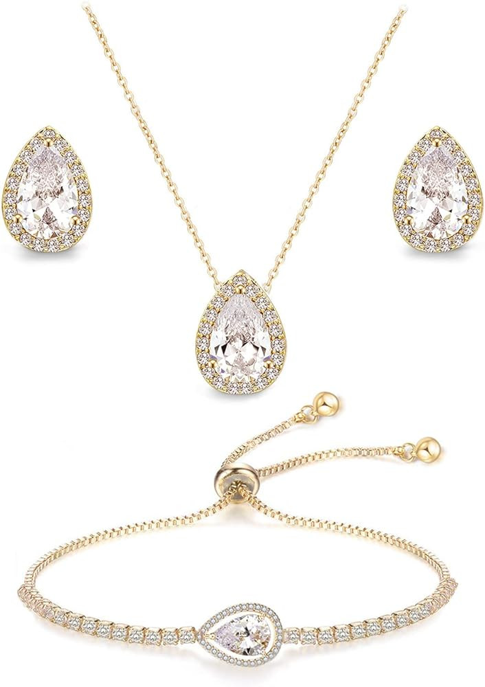UDYLGOON CZ Tearsdrop Earrings Necklace Jewelry Set For Bride Bridesmaids Bridal Wedding Party Pr... | Amazon (US)
