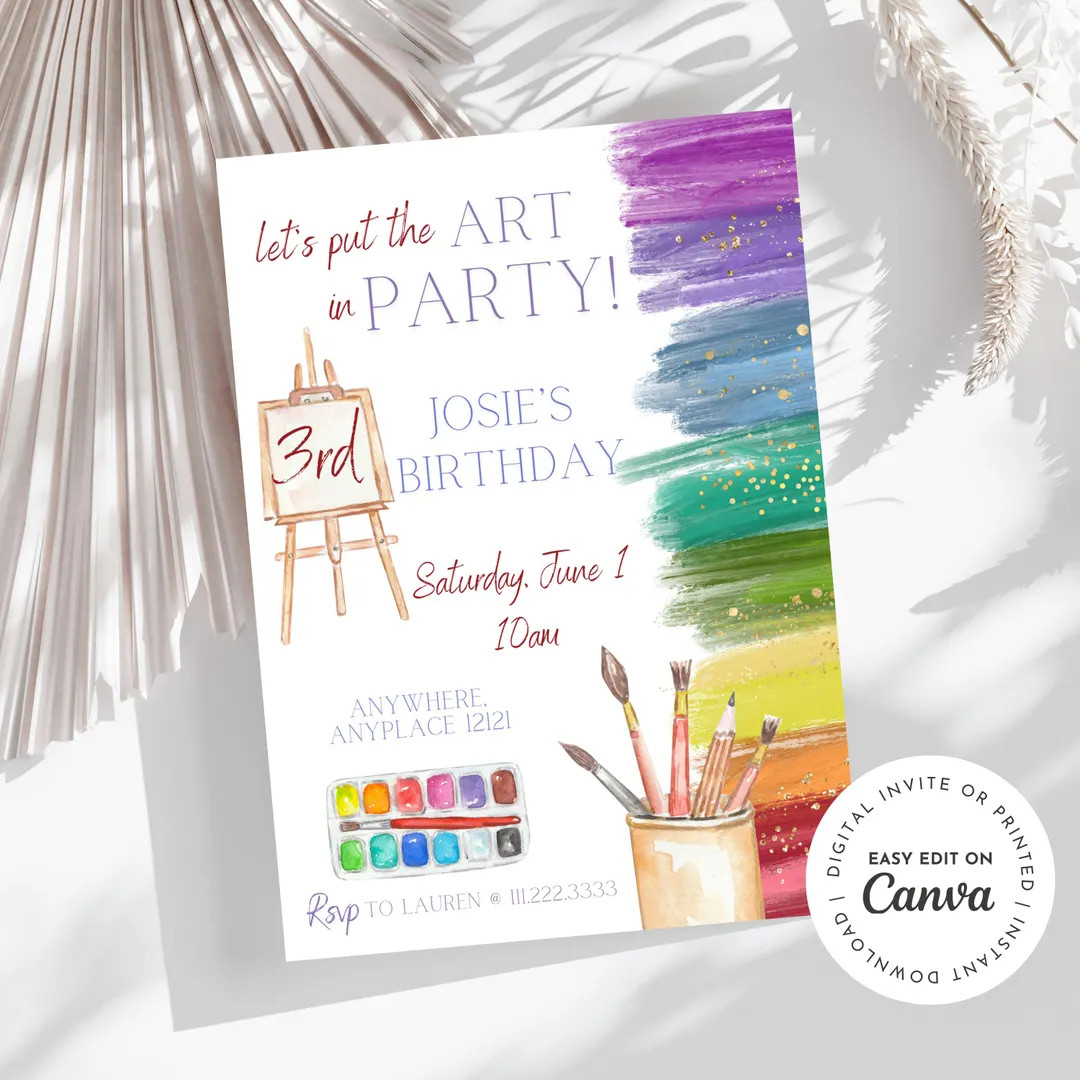 Let’s Put the Art in Party Theme Birthday Invitation, Art Birthday, Rainbow Paint,paintbrush, P... | Etsy (US)