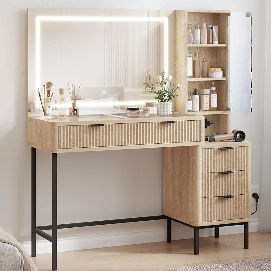 EROMMY 48" Fluted Makeup Vanity Desk with 36" Large Mirror and Lights, Big Vanity Table with 5 Dr... | Amazon (US)