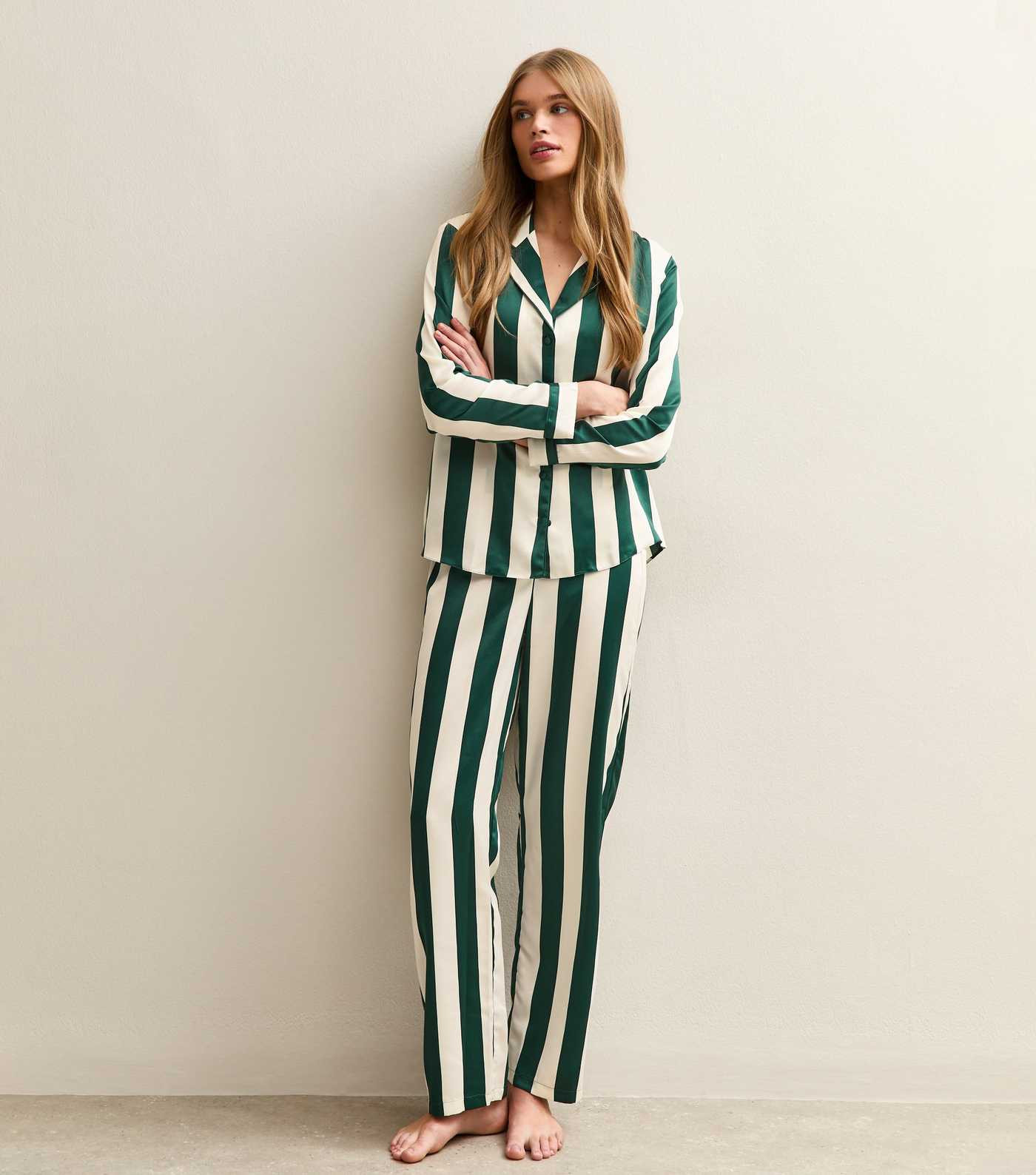 Green Satin Stripe Revere Collar Shirt and Trousers Pyjama Set | New Look | New Look (UK)