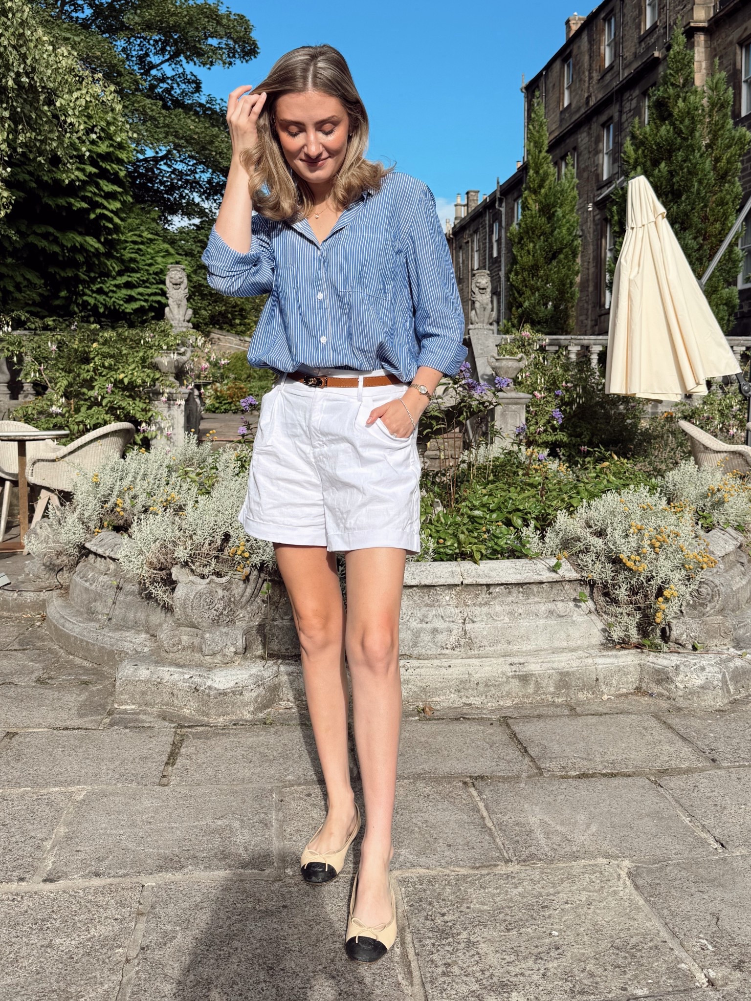 Breakfast in the garden 💐 wearing these cute white Bermuda shorts, Hermes look alike belt and white and blue striped button up shirt to explore Edinburgh today

Vacation outfit, old money summer style, old money outfits, elevated style, classic outfit, European style