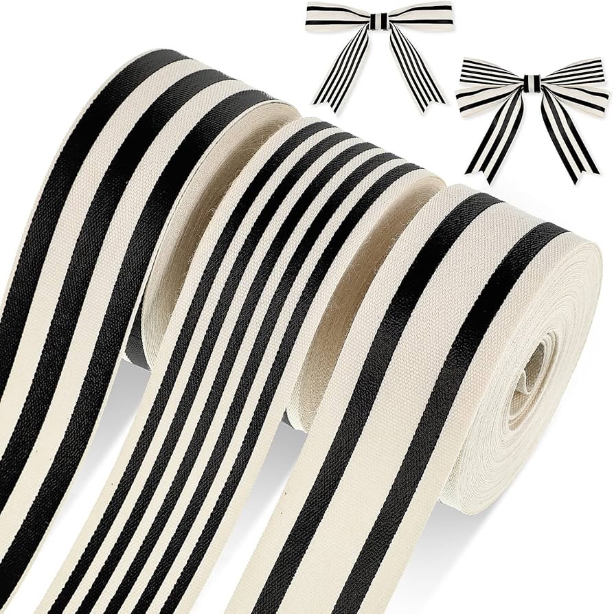 Juinte 3 Rolls 1 Inch x 18 Yards Black White Stripe Ribbon Striped Fabric Ribbon Natural Cotton W... | Amazon (US)