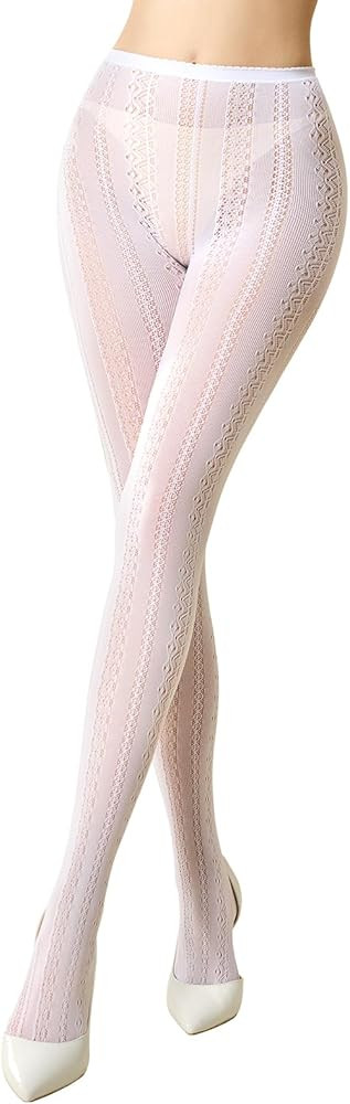 MANZI Women's Hollow Out Knitted Patterned Tights White Lace Fishnet Stockings Vertical Strips Pa... | Amazon (US)