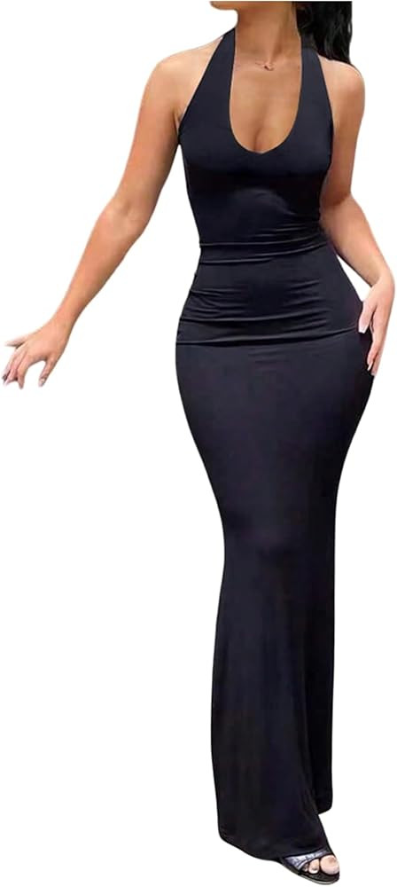 Verdusa Women's Tie Back Halter Dress Summer Backless Maxi Bodycon Dresses Brunch Outfits | Amazon (US)