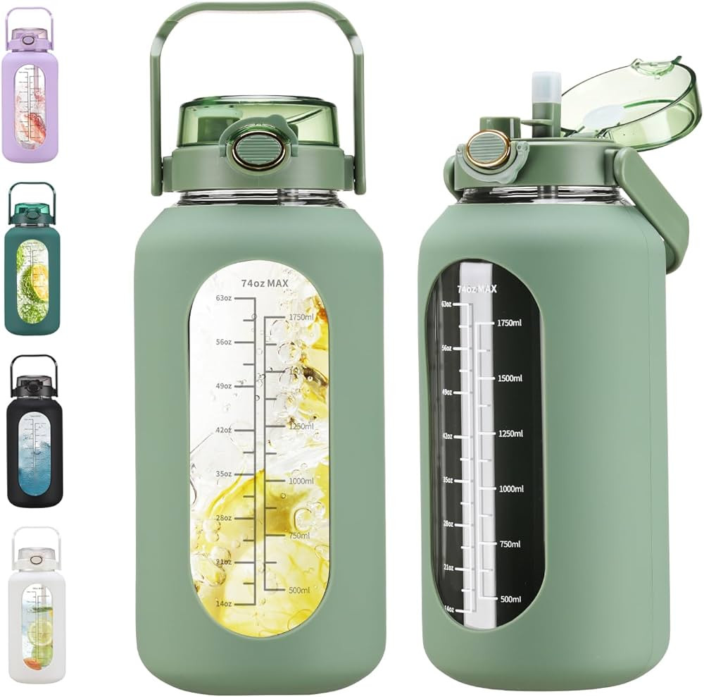 74 oz Glass Water Bolttles with Straw Large Motivational Water Bottle with Time Marker Sports Wat... | Amazon (US)