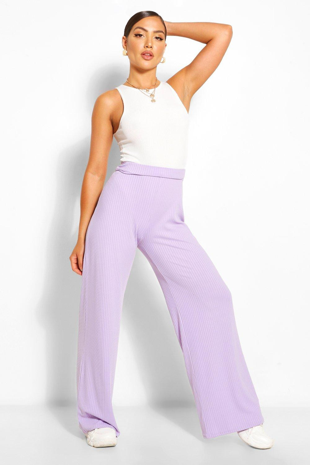 Womens Jumbo Rib High Waist Wide Leg Pants - Purple - 12 | Boohoo.com (US & CA)