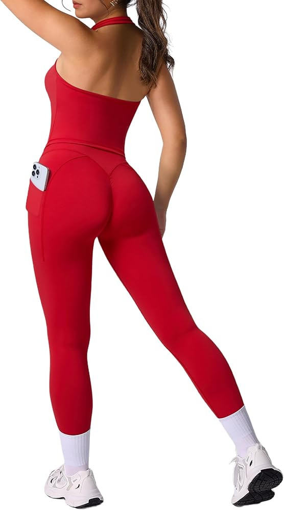 RXRXCOCO Open Back Workout Sets for Women 2 Piece Halter Tank Tops Hidden Scrunch Leggings Matchi... | Amazon (US)