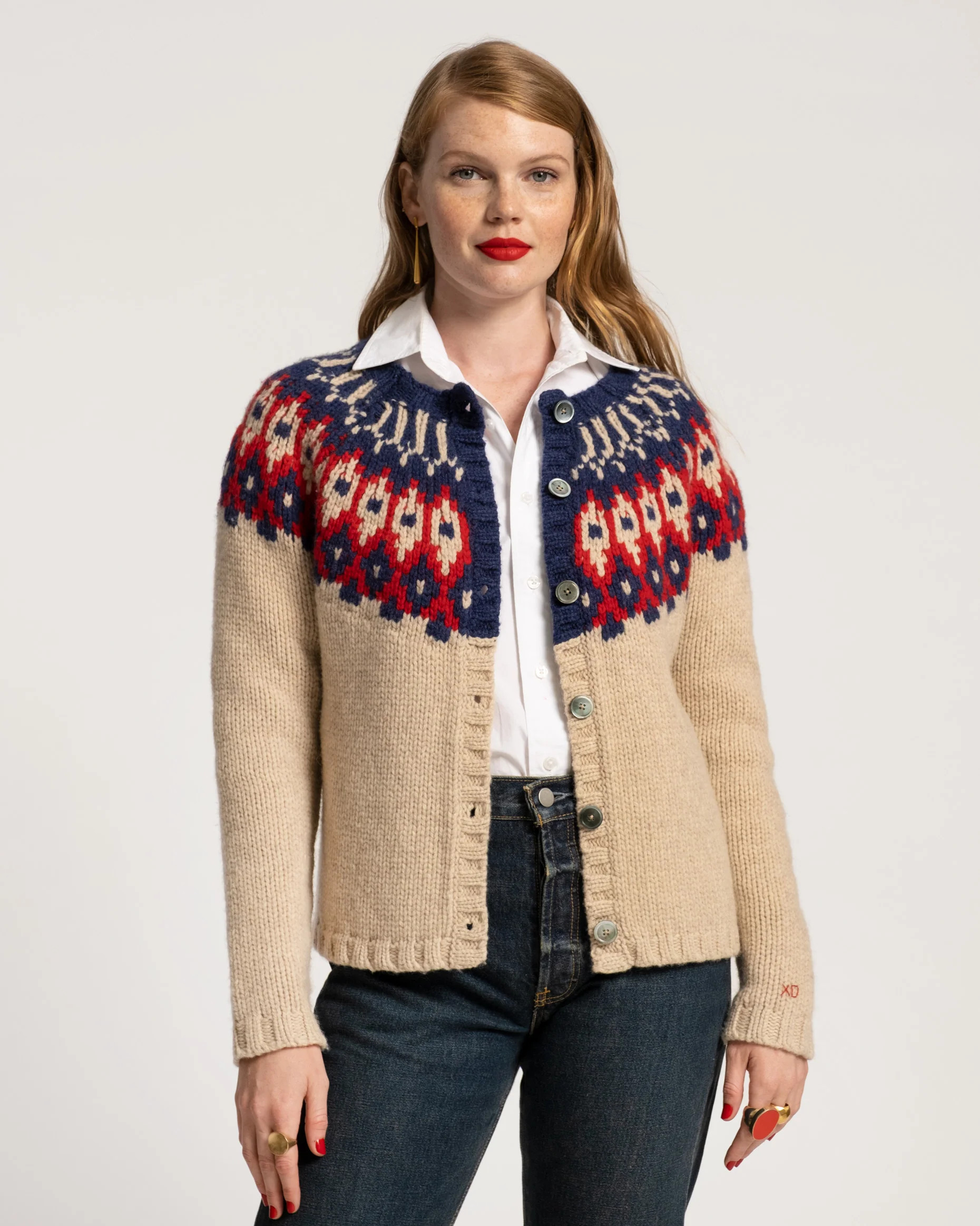 Ella Fair Isle Cardigan Navy Red (XS) | Frances Valentine