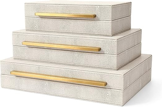 Kingflux Faux Ivory Shagreen Leather Set of 3 Pcs Decorative Boxes, Storage Boxes Jewelry Organiz... | Amazon (US)