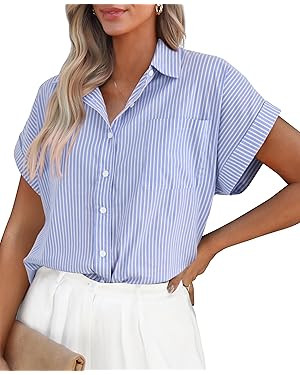 PRETTYGARDEN Striped Shirts Button Up Tops for Women 2024 Summer Short Sleeve V Neck Dressy Casua... | Amazon (US)
