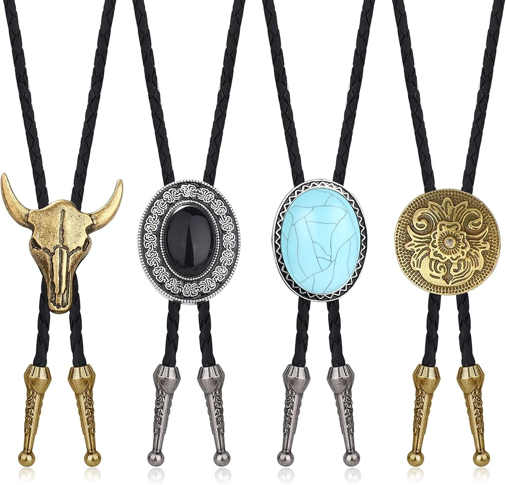 CASSIECA 4Pcs Handmade Bolo Tie for Men Western Cowboy Leather Necktie Halloween Costume Accessor... | Amazon (US)