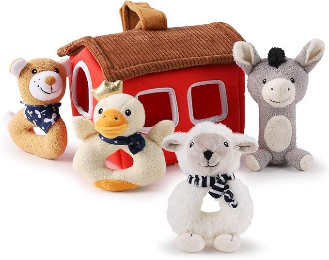 iPlay, iLearn Plush Baby Rattles Toys, Soft Fabric Newborn Ring Rattle Set W/ Mirror, Dog, Duck, ... | Amazon (US)
