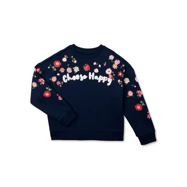 Wonder Nation Girls' Crewneck Embellished Graphic Sweatshirt, Sizes 4-18 & Plus | Walmart (US)