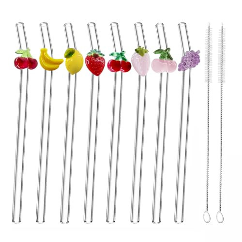 8Pcs Glass Straws With Charms,Include As A Bonus Two Straw Cleaning Brushes. (Mixed Fruit Styling) | Amazon (US)