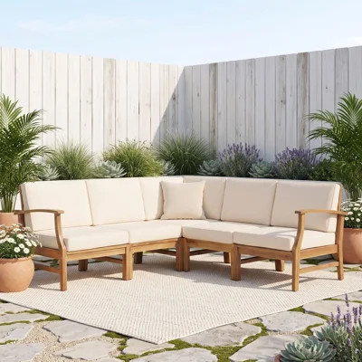 Acacia Wood Modular Outdoor Sofa Set with Water-Resistant Cushions, Built-In Latches and Arm Chairs | Wayfair North America