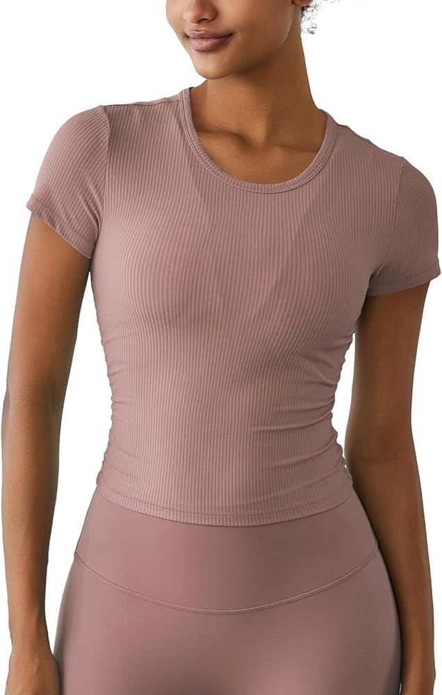 Amazon.com: altiland Ribbed High Neck Workout T-Shirts for Woman, Cropped Athletic Tops for Gym Y... | Amazon (US)
