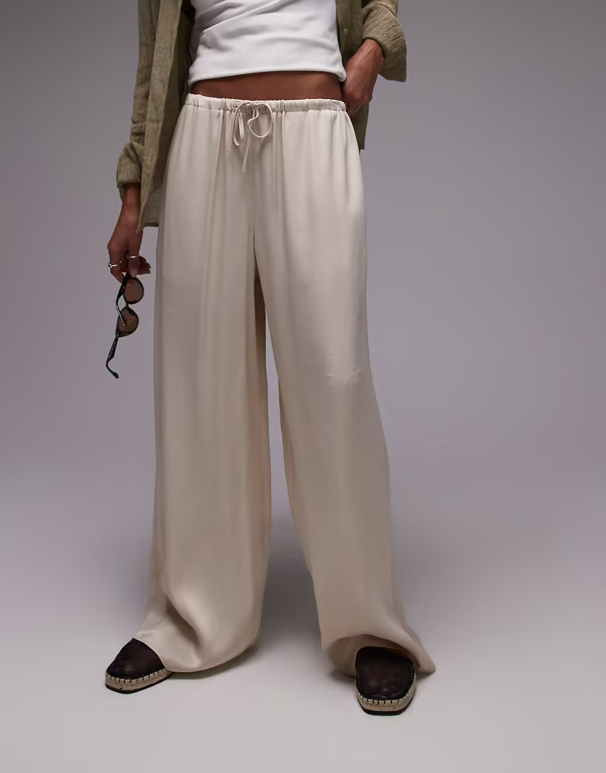 Topshop satin tie waist wide leg trouser in ecru-White | ASOS (Global)