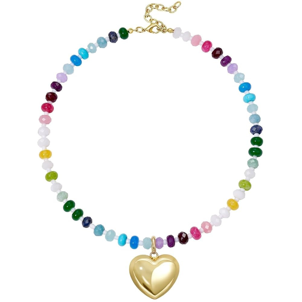KissYan Beaded Necklaces for Women, Colorful Boho Bead Choker With Bubble Puffy Heart Pendant, Na... | Amazon (US)
