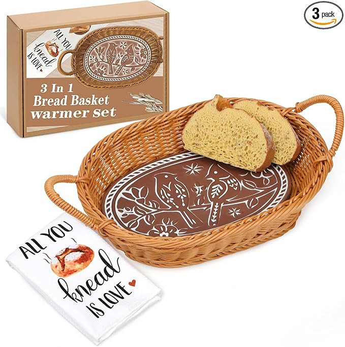 Bread Warmer Basket with Stone, Bread Basket for Serving, Tortilla Warmer Basket with Kitchen Tow... | Amazon (US)