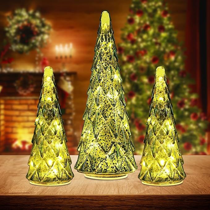 Christmas Decorations Indoor, YEAHOME Set of 3 Pre-lit Green Glass Christmas Tree for Home Decor,... | Amazon (US)