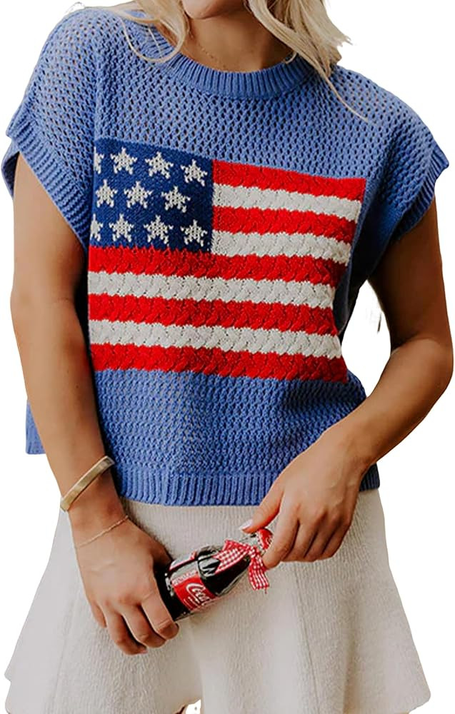 KevaMolly Womens 2026 American Flag Knit Vest Short Sleeve Flag Graphic Sweater 4th of July Flag ... | Amazon (US)