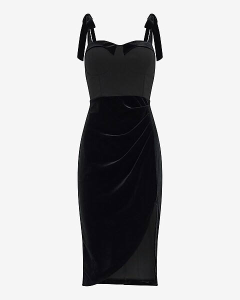 Ruched Mixed Media Sweetheart Tie Shoulder Midi Dress | Express