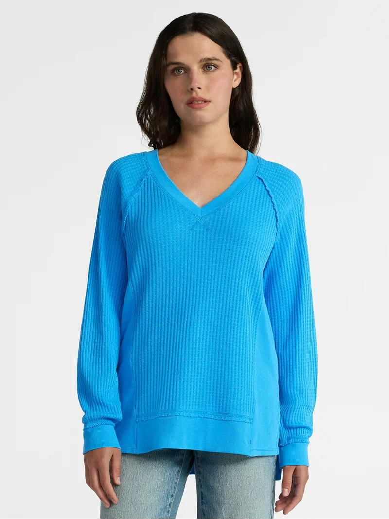 Time and Tru Women's Waffle Knit Tunic V-Neck Sweatshirt with Long Sleeves, Sizes XS-3XL | Walmart (US)