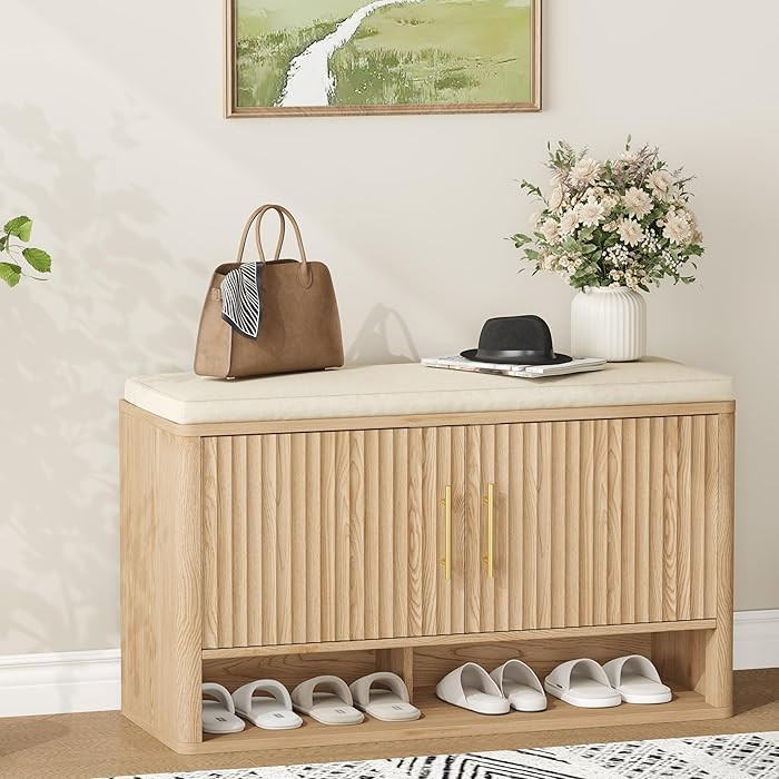 Fluted Shoe Storage Bench with Cushion, Entryway Bench with Adjustable Shelves and Open Bottom Sh... | Amazon (US)