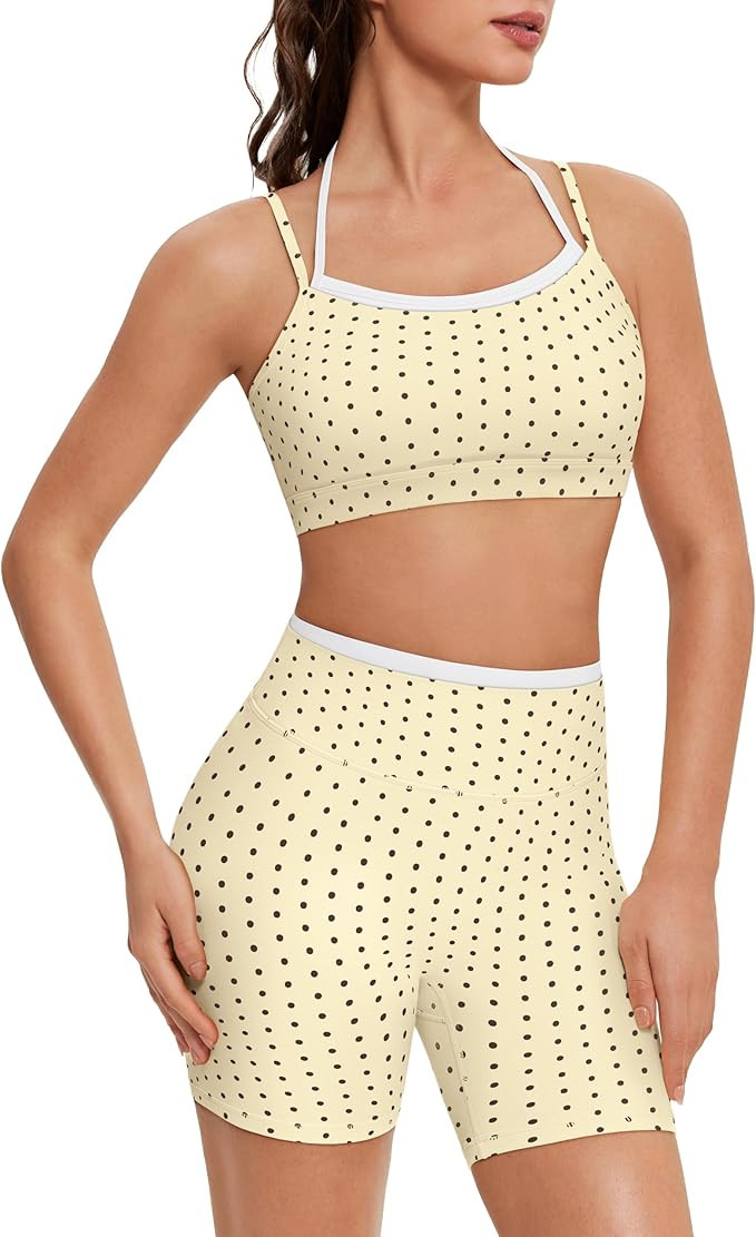 OMKAGI Workout Sets for Women Cute Doubel Layer Open Back Sports Bras Gym Shorts Outfits | Amazon (US)