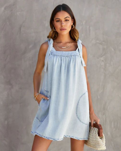 Sammi Chambray Shoulder Tie Pocketed Mini Dress | VICI Collection