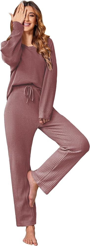 Ekouaer Womens Waffle Knit Pajama Sets Long Sleeve Top and Wide Leg Pants Matching Lounge Sets wi... | Amazon (US)