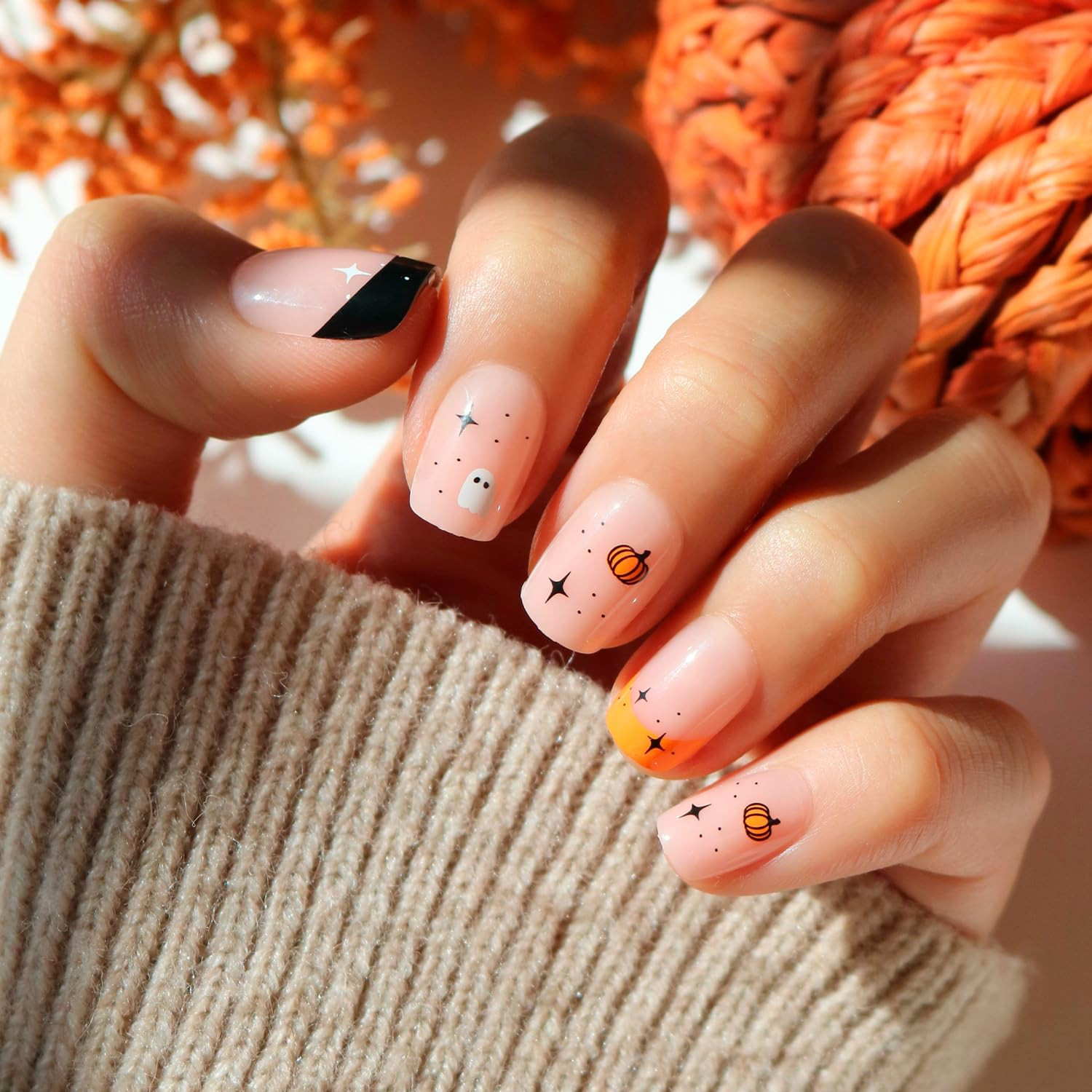 Glamnetic Press On Nails - Tiny Pumpkin | Short Squoval French Tip Fake Nails with Pumpkin Graphics & Glossy Finish, Salon Quality Halloween Nails | 15 Sizes - 30 Nail Kit with Glue | Amazon (US)
