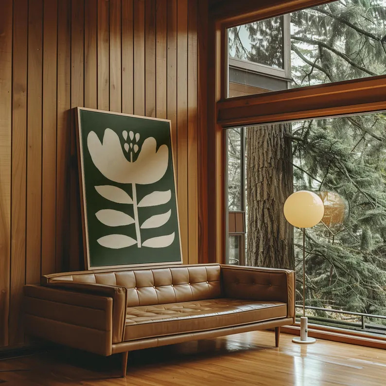 Big Flower Print Set of 2 Moss Green Printable Art, Abstract Flower Painting Retro Floral Posters... | Etsy (US)