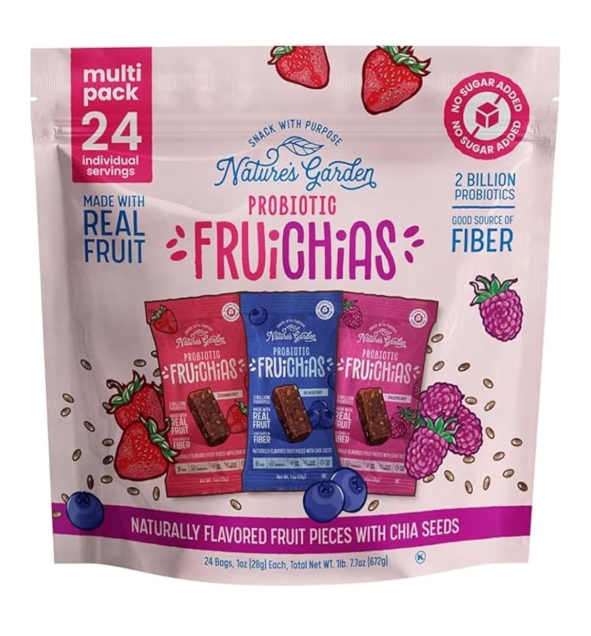 Nature's Garden Probiotic Fruichias Variety Pack - 24 Pack x 1oz, Probiotic Fruit Snack with Chia Seeds, Strawberry, Blueberry, Raspberry , No Sugar Added, Made with Real Fruit, Dye-Free, Non-GMO, Gluten-Free Snacks for Kids & Adults

#LTKfoodie #LTKTravel