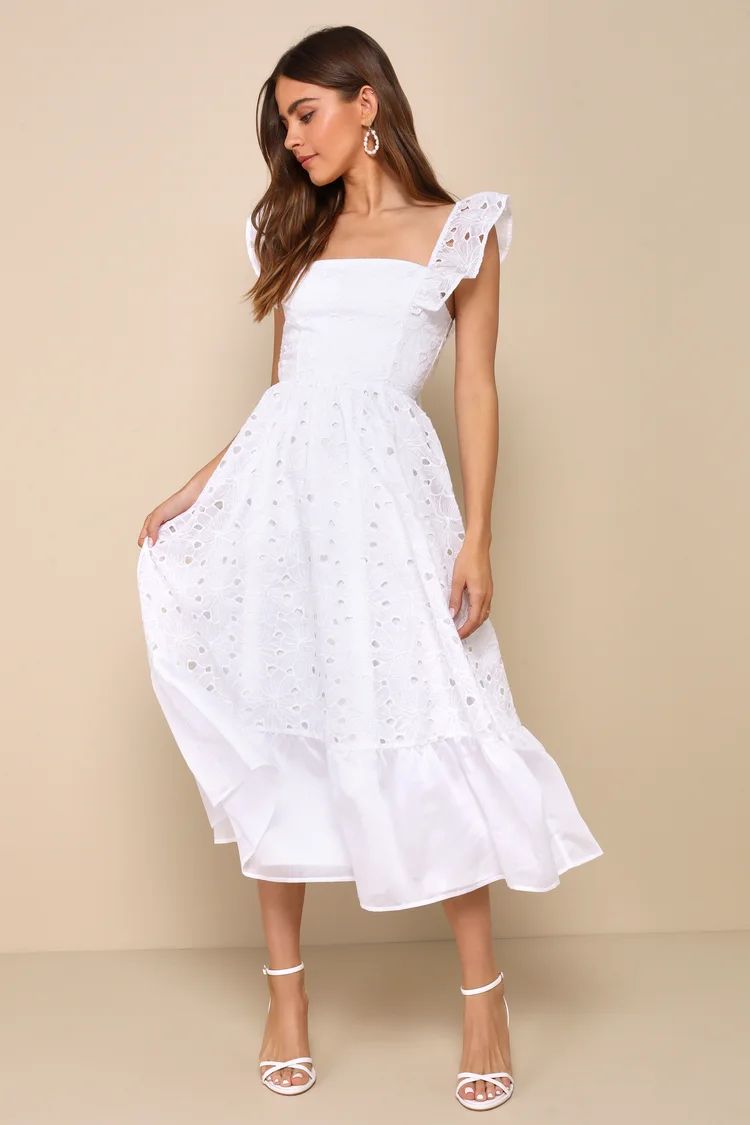 Gorgeous Memory White Eyelet Backless Ruffled Midi Dress | Lulus