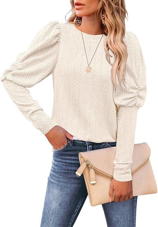DOROSE Womens Puff Long Sleeve Crewneck Cable Knit Casual Loose Pullover Sweater Tops | Amazon (US)